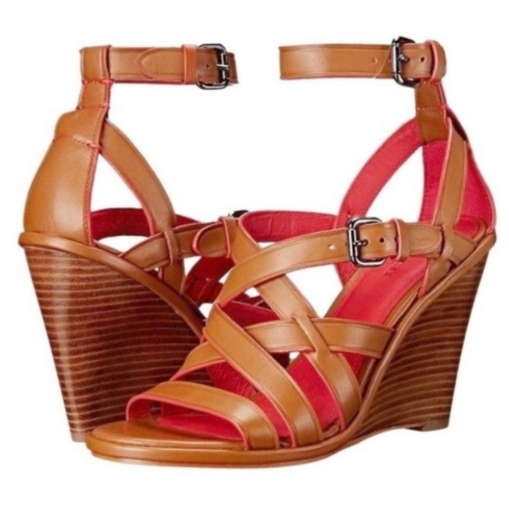 COACH DAWN LEATHER SADDLE BROWN STRAPPY WEDGES “Runs Small”